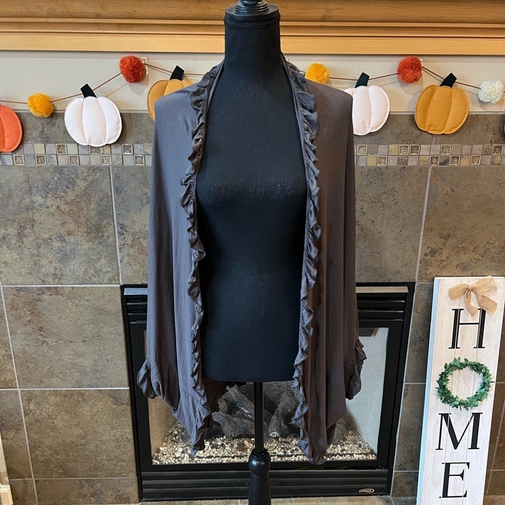 Dark gray ruffle cardigan, worn once, size medium
